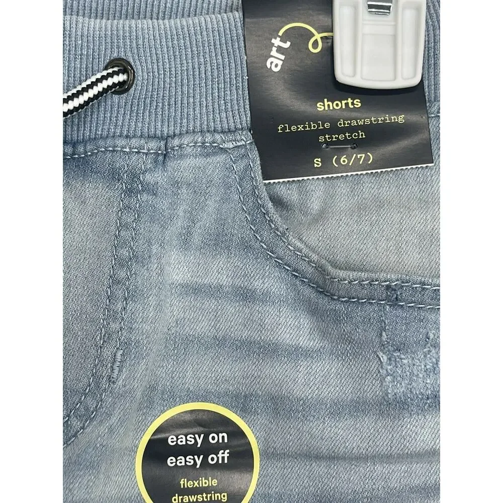 Boy's Art Class Lt Blue Denim Drawstring Shorts Size S (6-7) Distressed New